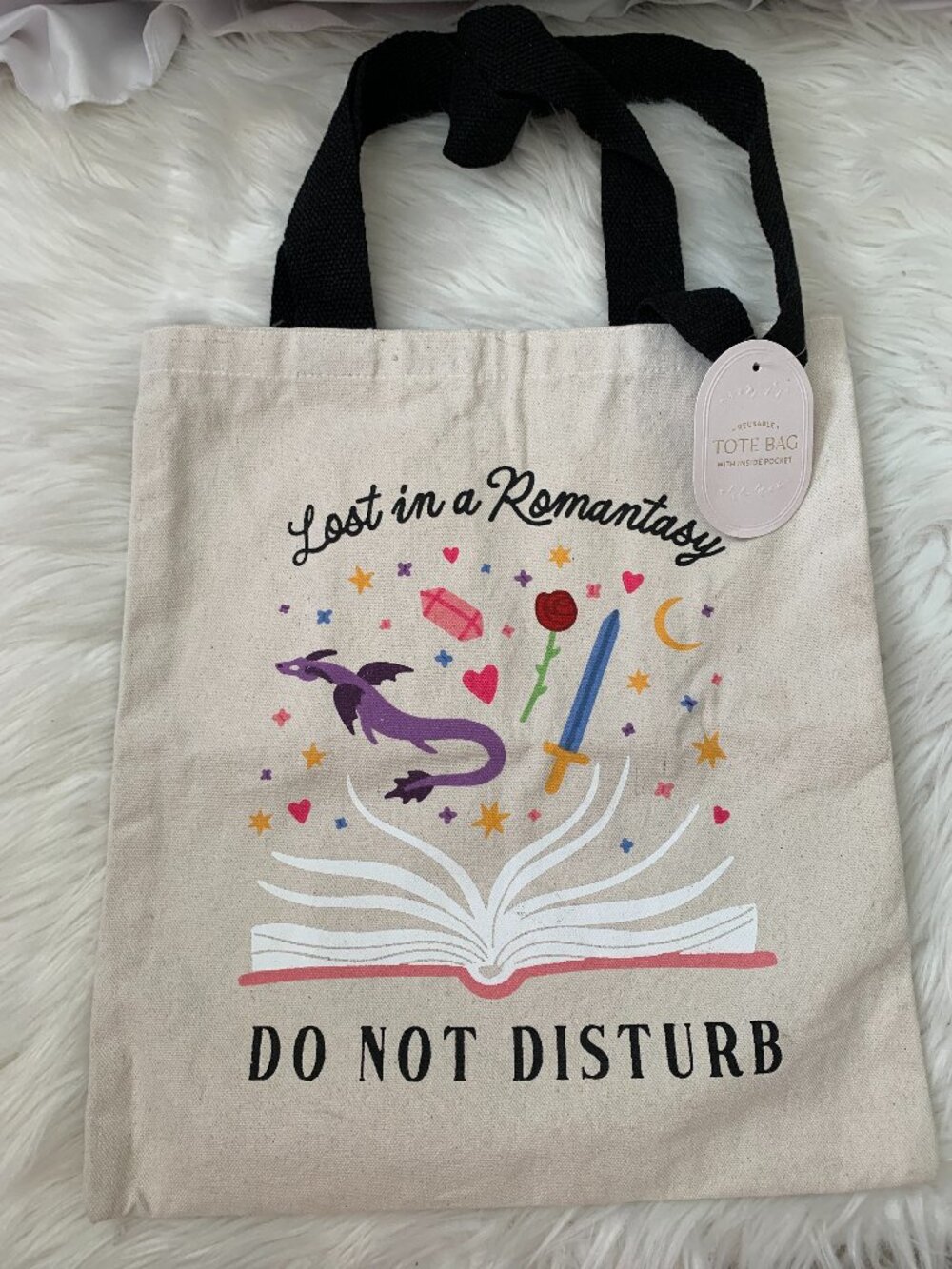 ECCOLO Lost in a Romantasy Do Not Disturb Book Canvas Tote Bag in Khaki/Black